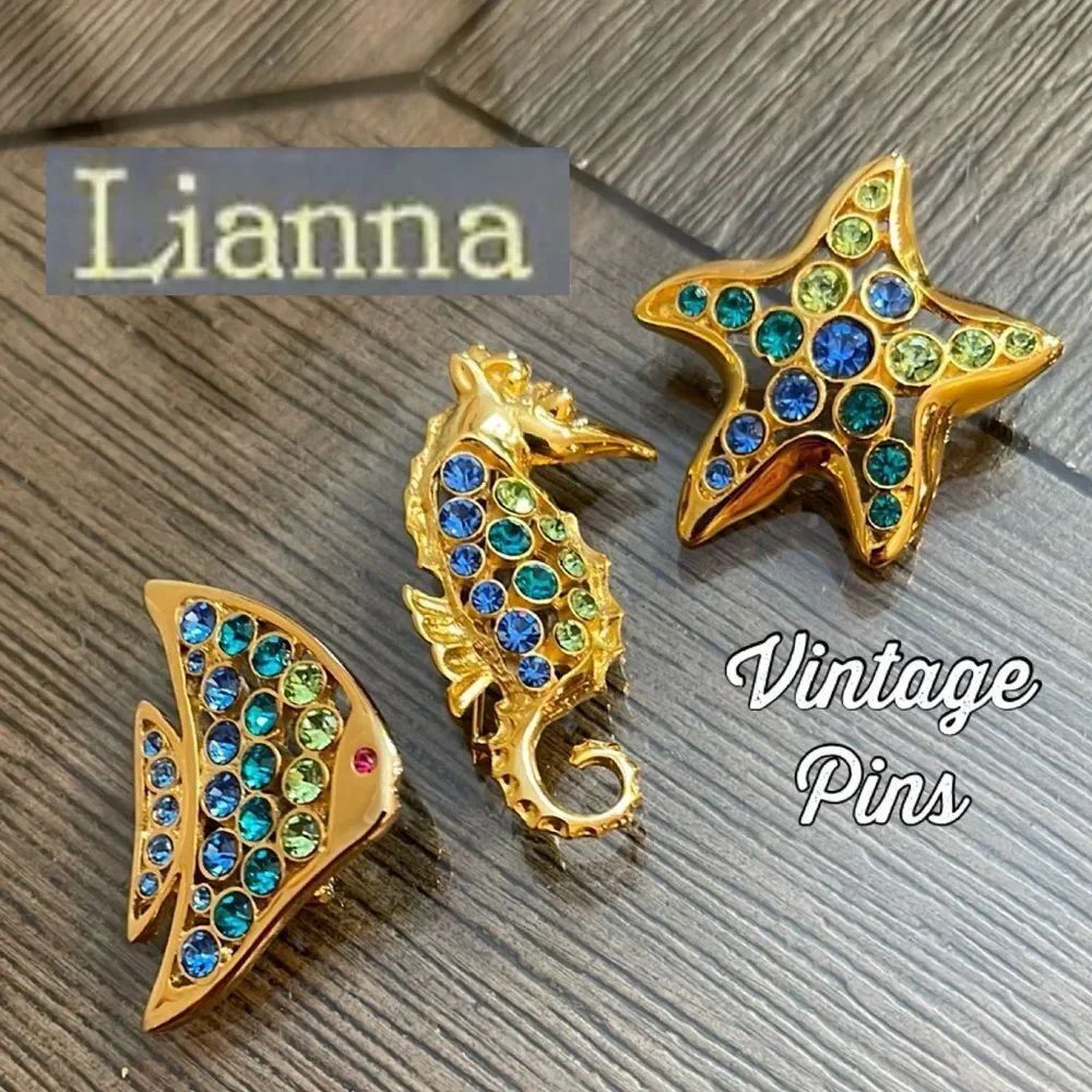 LIA Lianna Stamped 3 Ocean/Sea Themed Gold-tone Brooches w/ Rhinestone Accents